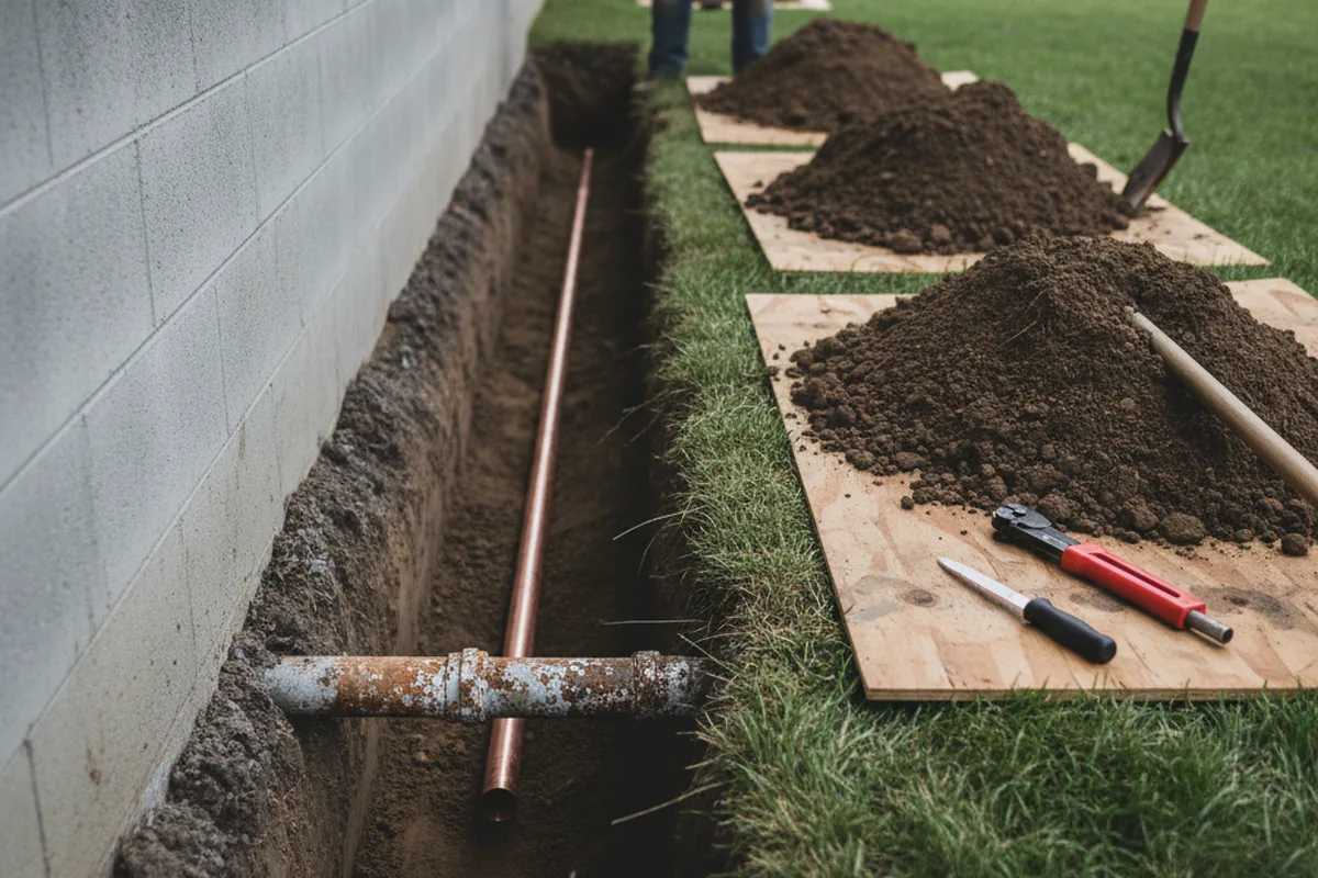 Excavated water line trench during Sewer Line Repair in Glen Ellyn